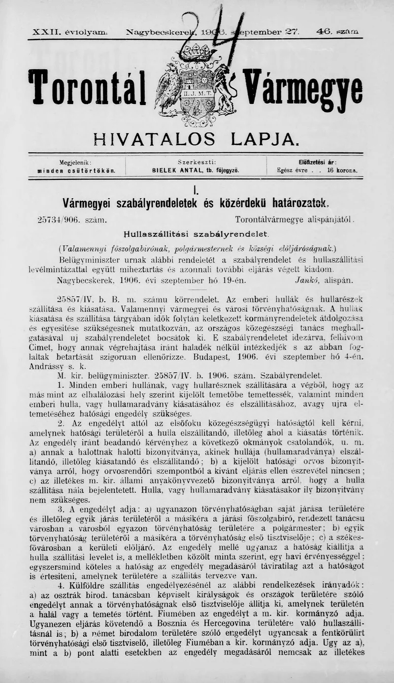 Torontál Vármegye Hivatalos Lapja, 22. évf. 1906. szeptember 27. 46. sz.
