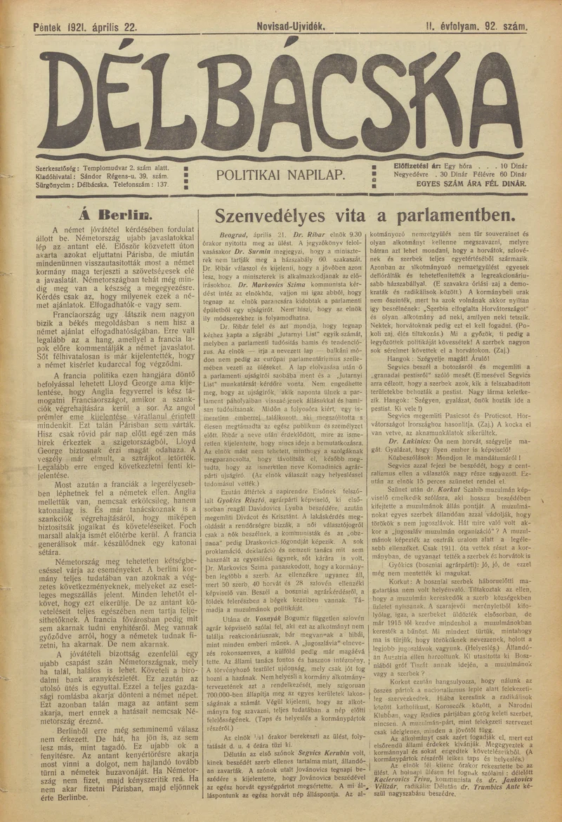 Délbácska, 2. évf. 1921. április 22. 92. sz.