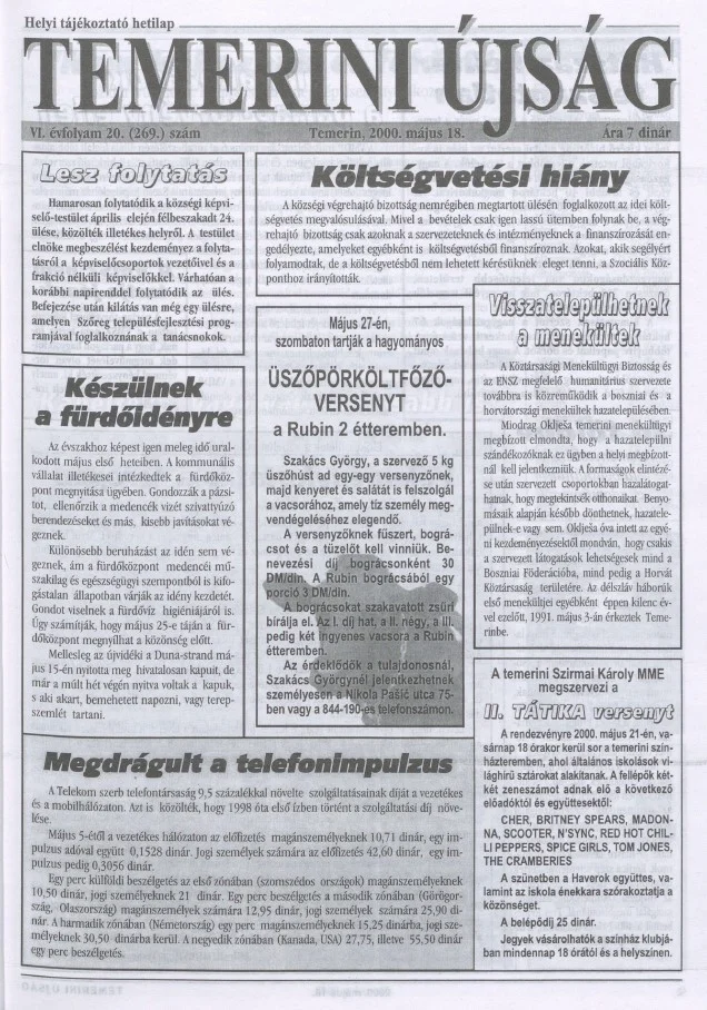 Temerini Újság, 6. évf. 2000. május 18. 20. sz.