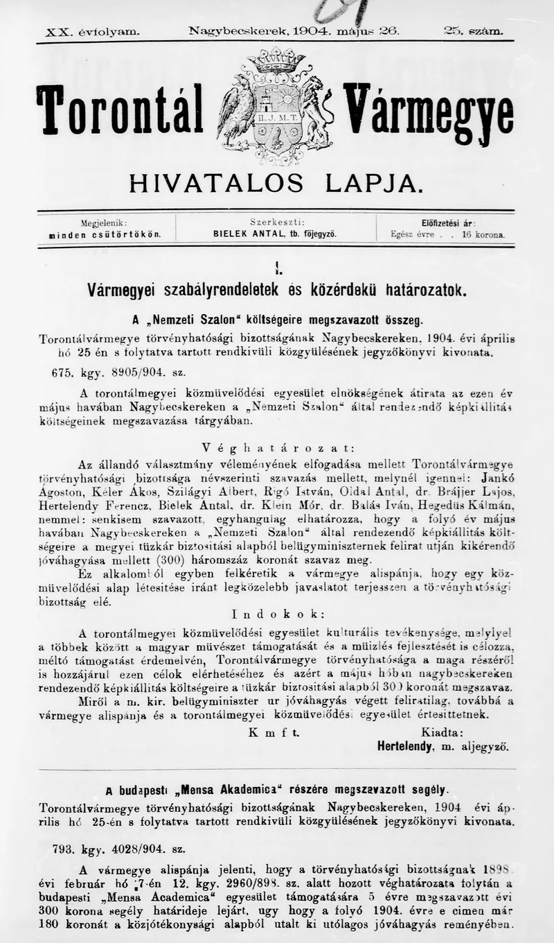Torontál Vármegye Hivatalos Lapja, 20. évf. 1904. május 26. 25. sz.