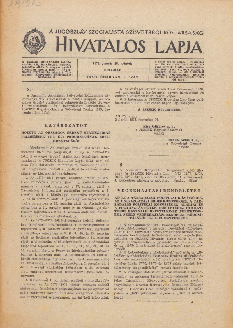 A Jugoszláv Szocialista Szövetségi Köztársaság Hivatalos Lapja, 32. évf. 1976. január 16. 2. sz. 9–56. oldal