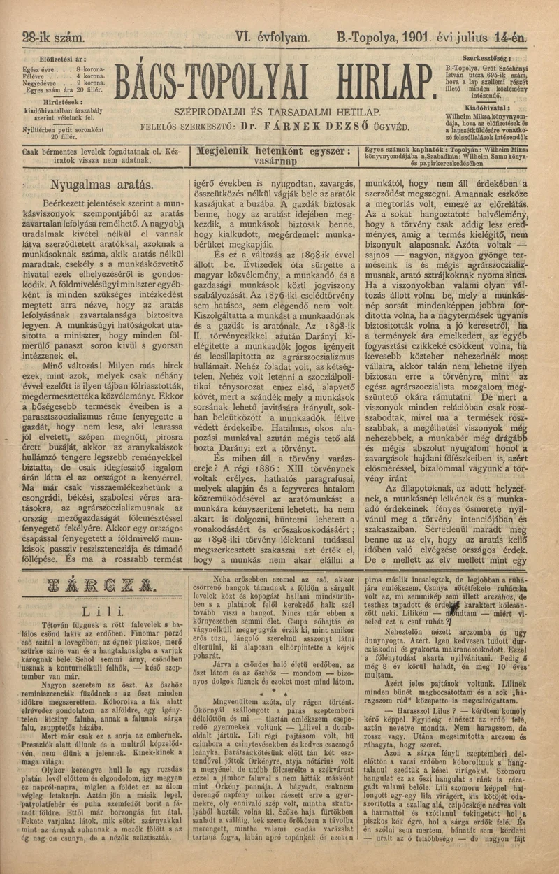 Bács-Topolyai Hirlap, 6. évf. 1901. július 14. 28. sz.