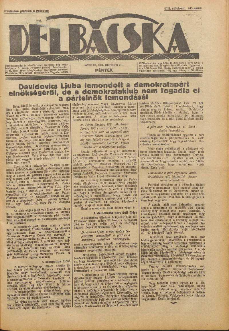 Délbácska, 8. évf. 1927. október 21. 245. sz.