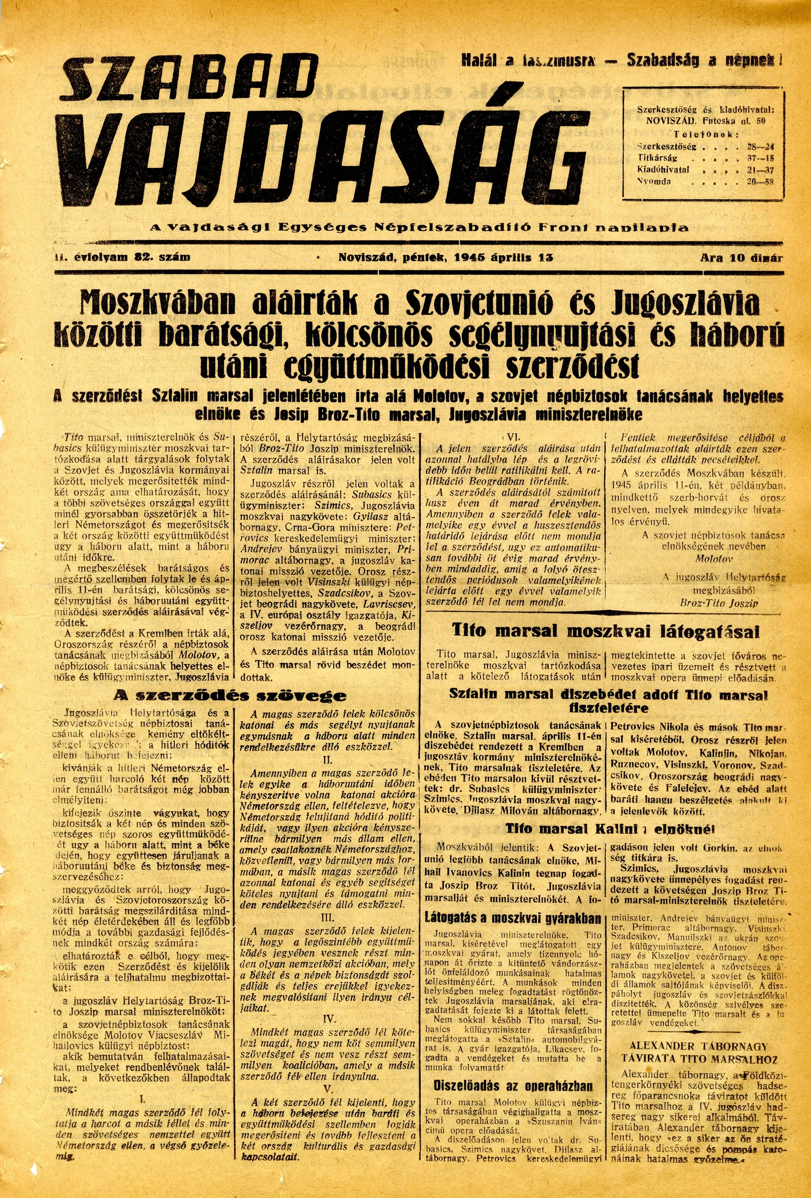 Szabad Vajdaság, 2. évf. 1945. április 13. 82. sz.