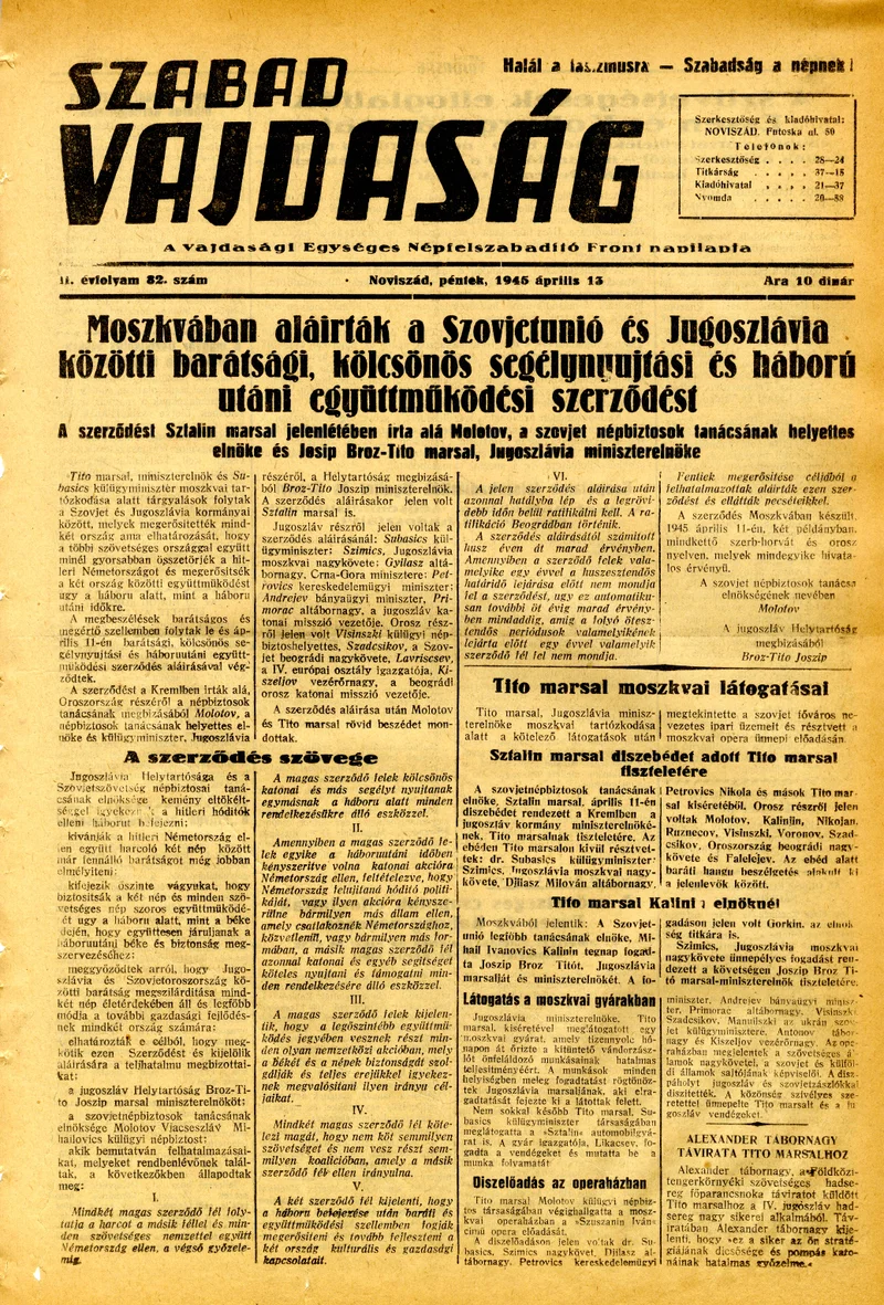 Szabad Vajdaság, 2. évf. 1945. április 13. 82. sz.