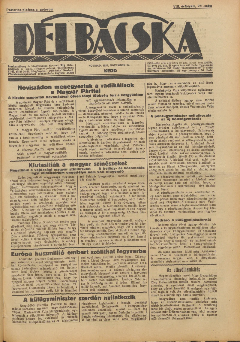 Délbácska, 8. évf. 1927. november 22. 271. sz.