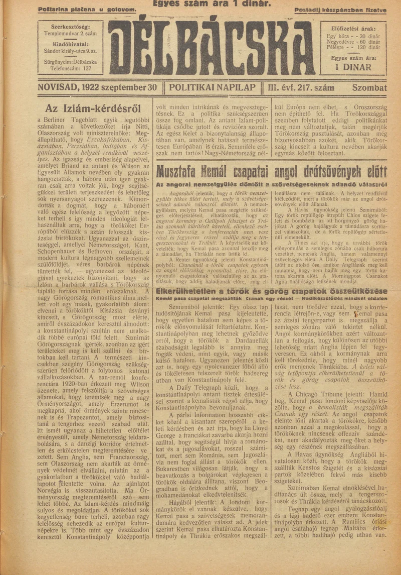 Délbácska, 3. évf. 1922. szeptember 30. 217. sz.