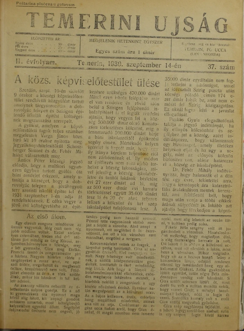 Temerini Újság 1928-1944, 3. évf. 1930. szeptember 14. 37. sz.