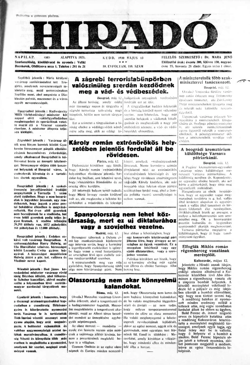 Híradó, 59. évf. 1930. május 13. 110. sz.