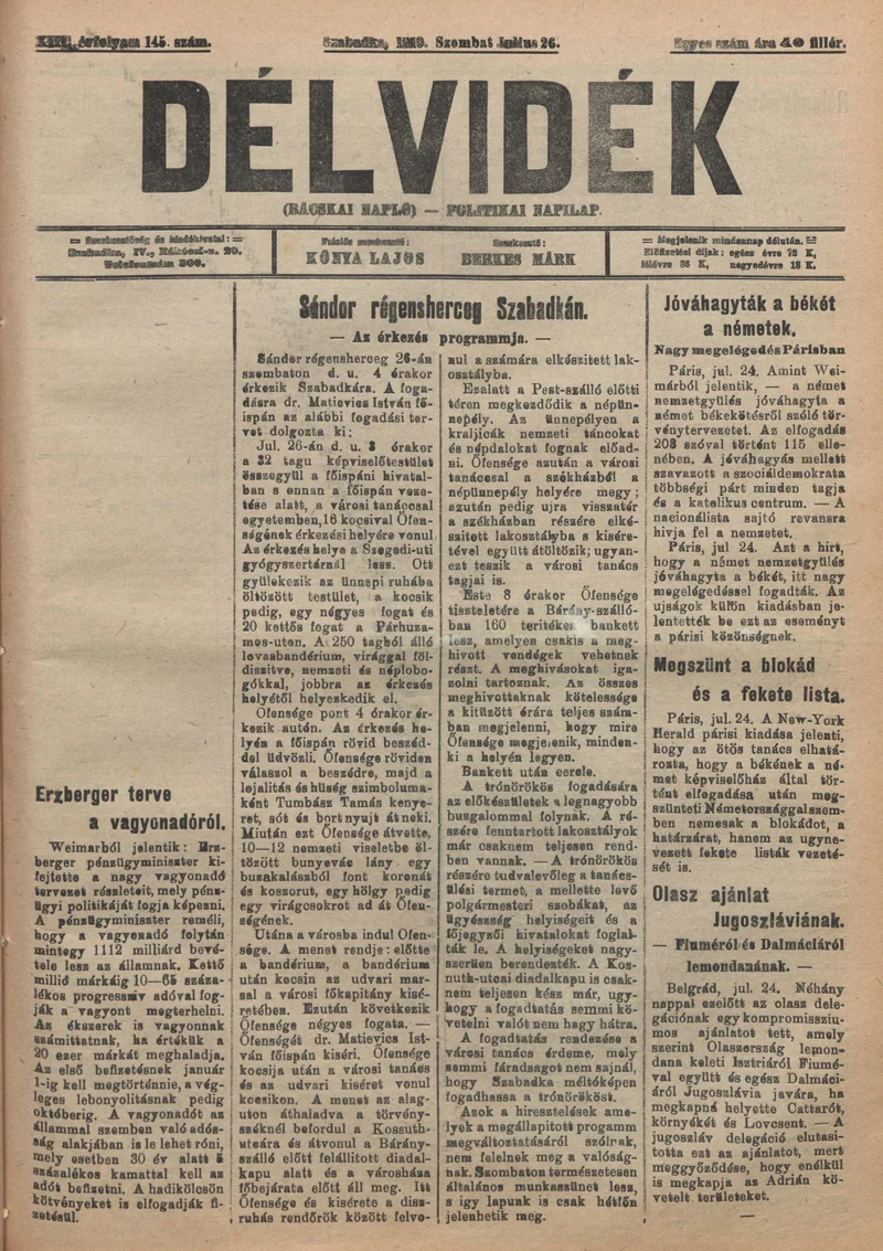 Délvidék, 13. évf. 1919. július 26. 145. sz.