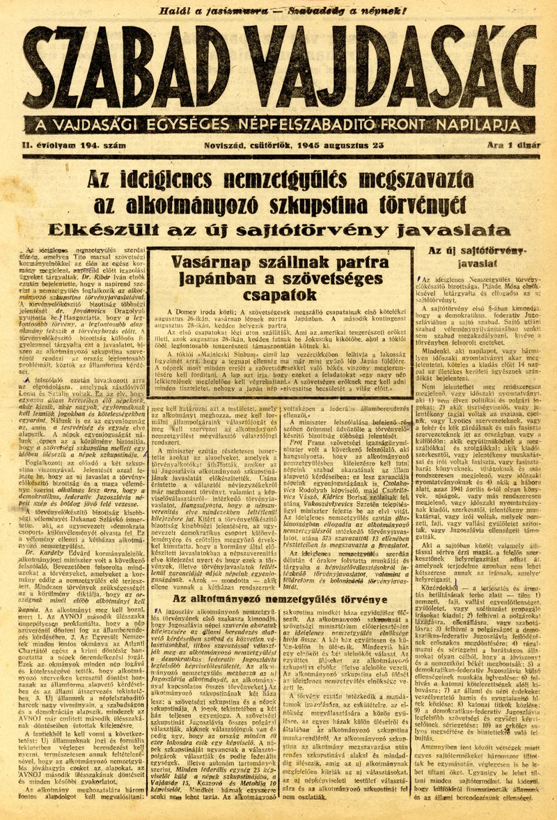 Szabad Vajdaság, 2. évf. 1945. augusztus 23. 194. sz.