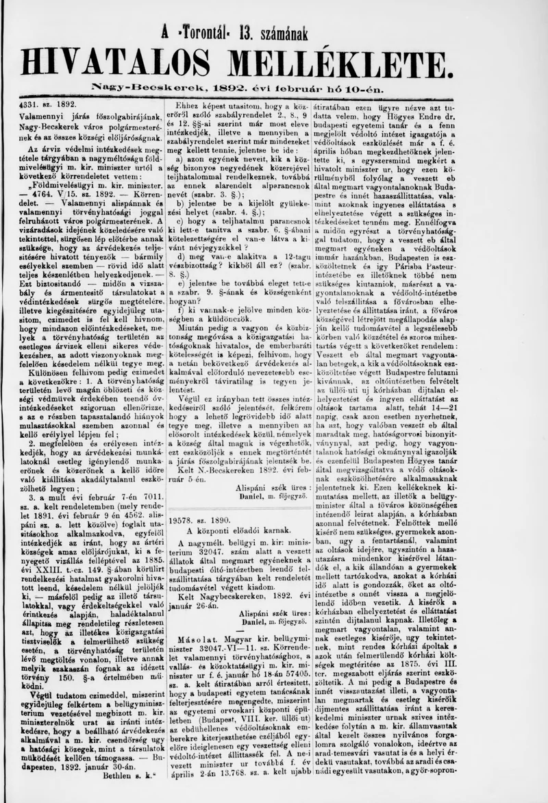 A Totontál  hivatalos melléklete, 5. évf. 1892. február 10. 13. sz.