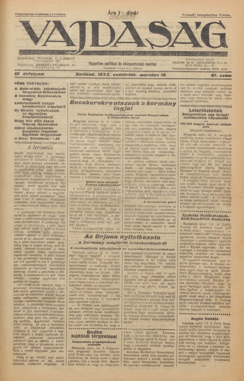 Vajdaság, 3. évf. 1923. március 15. 61. sz.