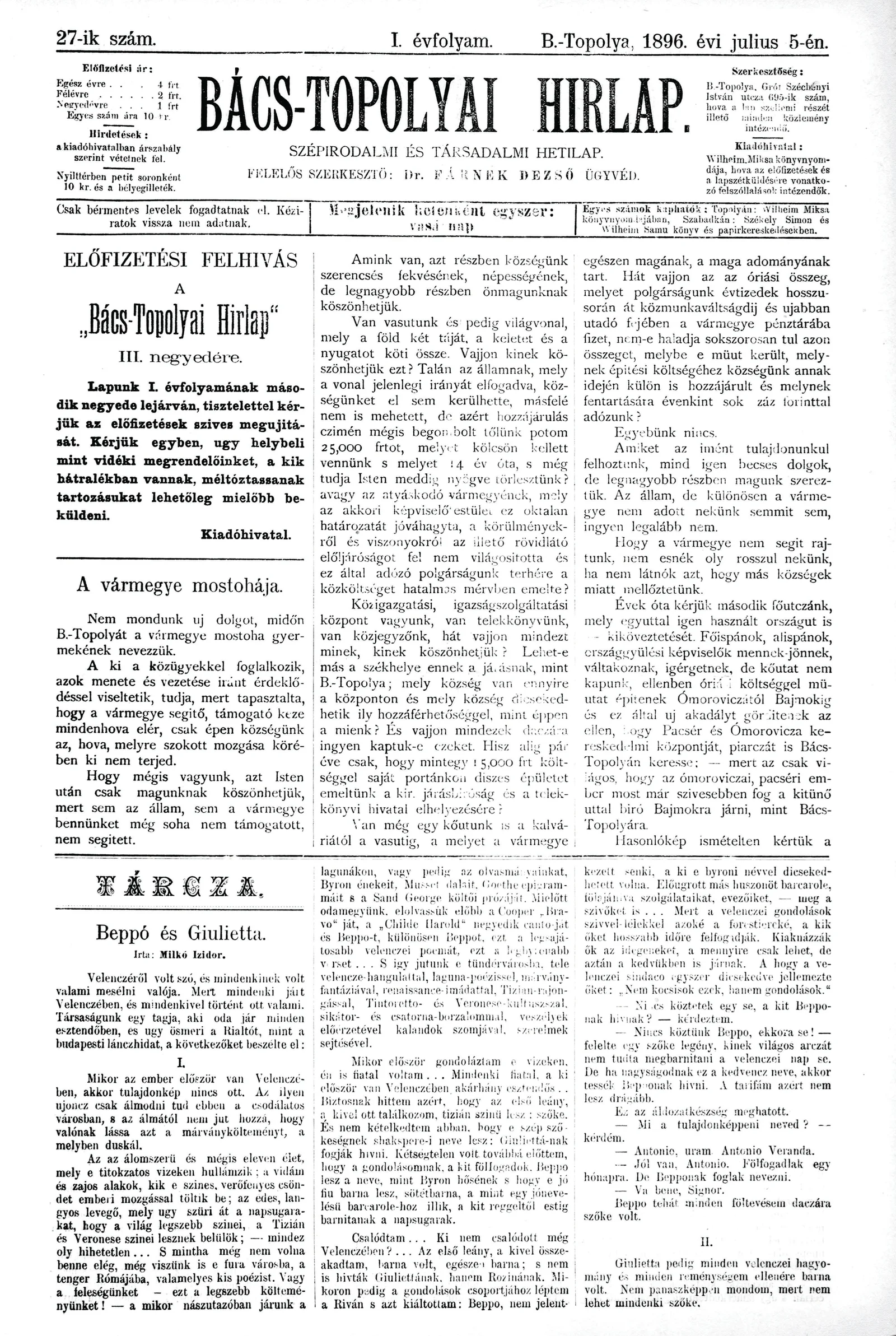 Bács-Topolyai Hirlap, 1. évf. 1896. július 5. 27. sz.