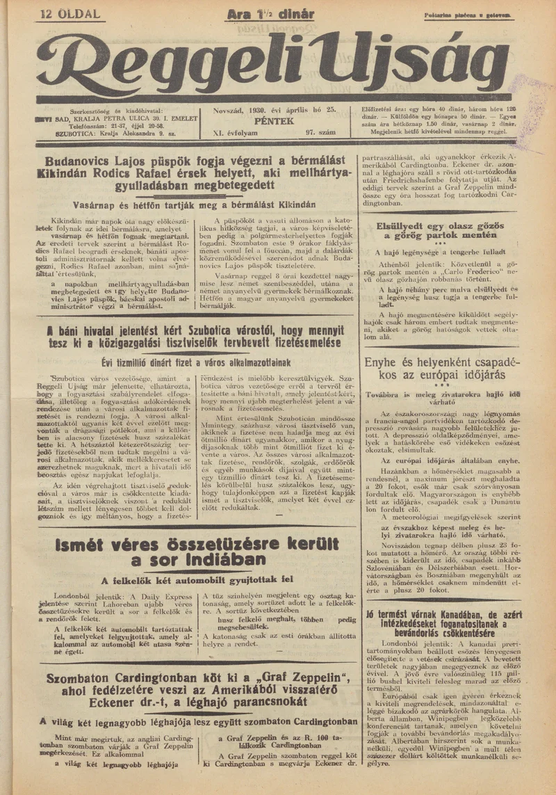 Reggeli Újság, 11. évf. 1930. április 25. 97. sz.