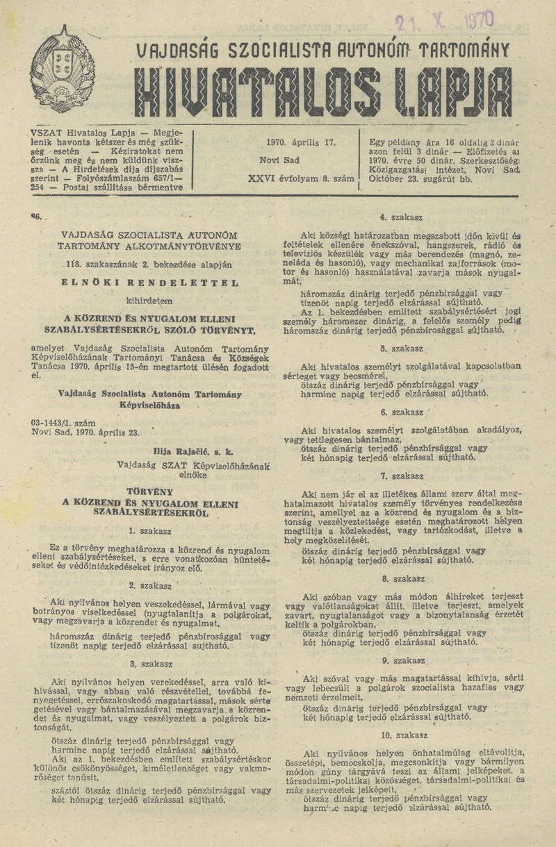 Vajdaság Szocialista Autonóm Tartomány Hivatalos Lapja, 26. évf. 1970. április 17. 8. sz. 109–112. oldal