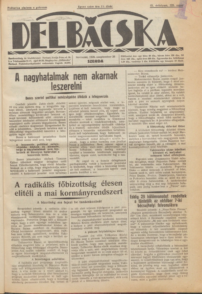 Délbácska, 9. évf. 1928. szeptember 26. 225. sz.