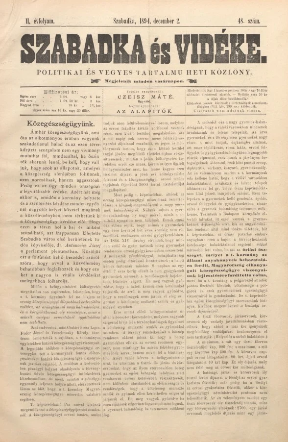 Szabadka és vidéke II, 2. évf. 1894. december 2. 48. sz.