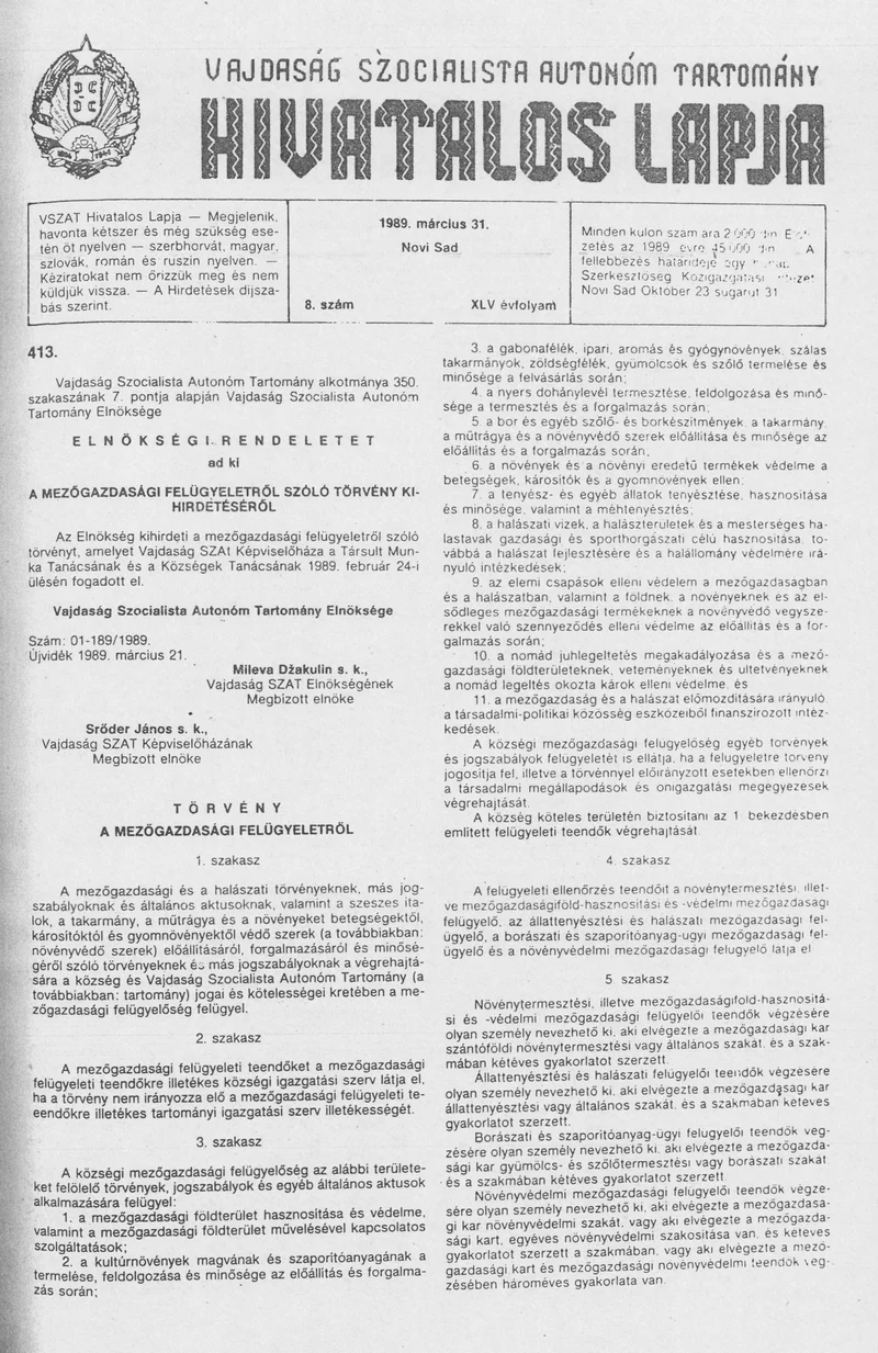 Vajdaság Szocialista Autonóm Tartomány Hivatalos Lapja, 45. évf. 1989. március 31. 8. sz.