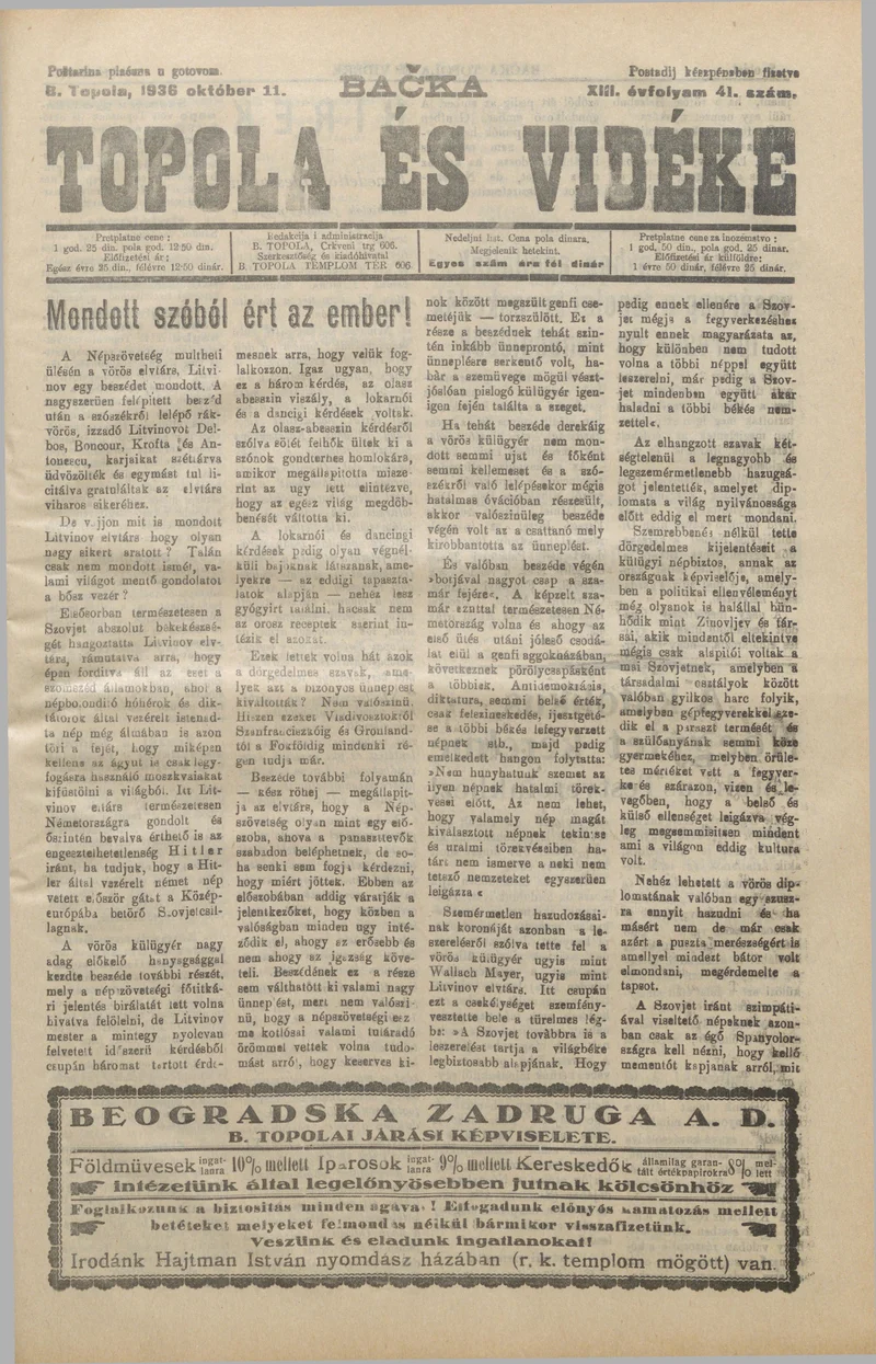 Bačka Topola és Vidéke, 13. évf. 1936. október 11. 41. sz.