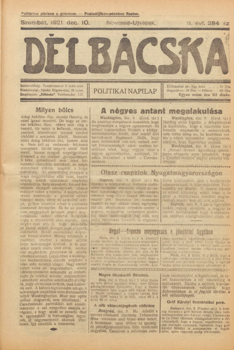 Délbácska, 2. évf. 1921. december 10. 284. sz.
