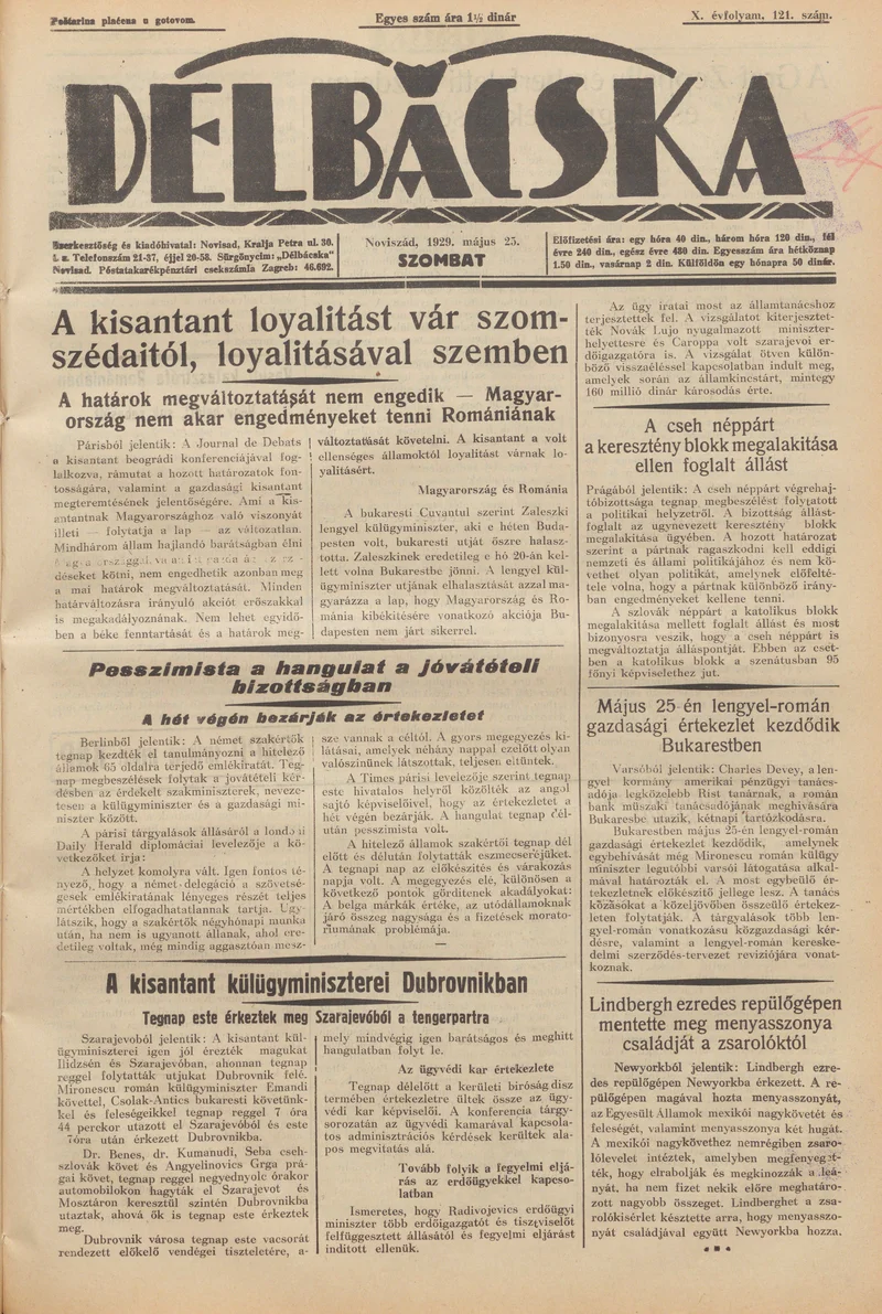 Délbácska, 10. évf. 1929. május 25. 121. sz.
