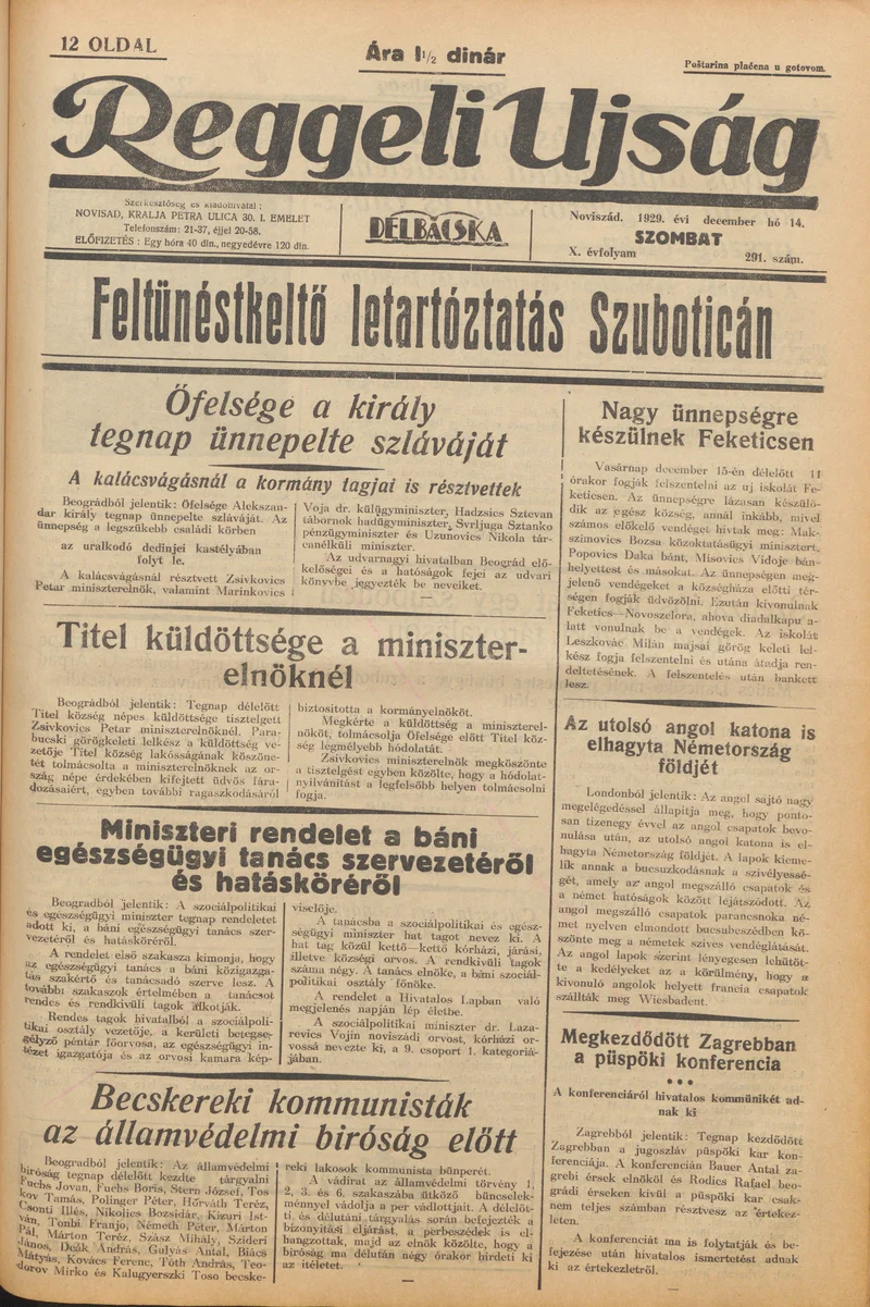 Reggeli Újság, 10. évf. 1929. december 14. 291. sz.