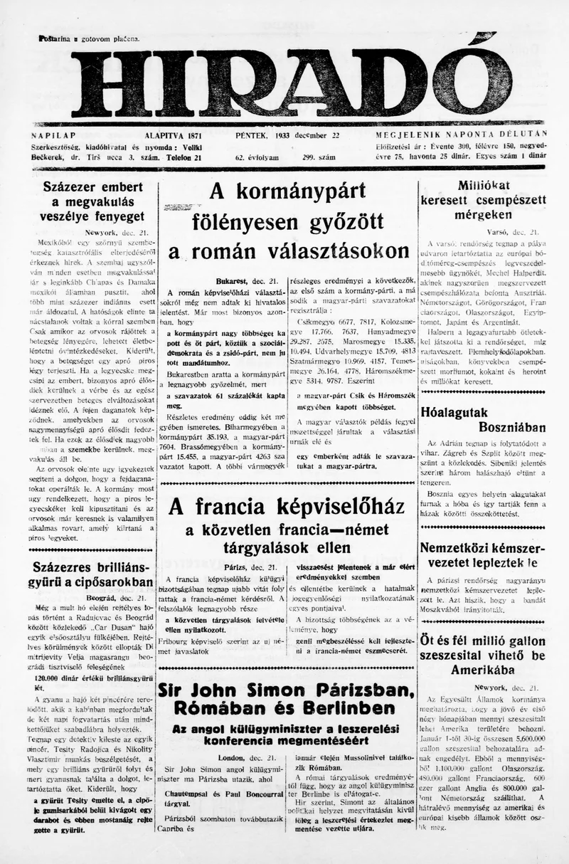 Híradó, 62. évf. 1933. december 22. 299. sz.