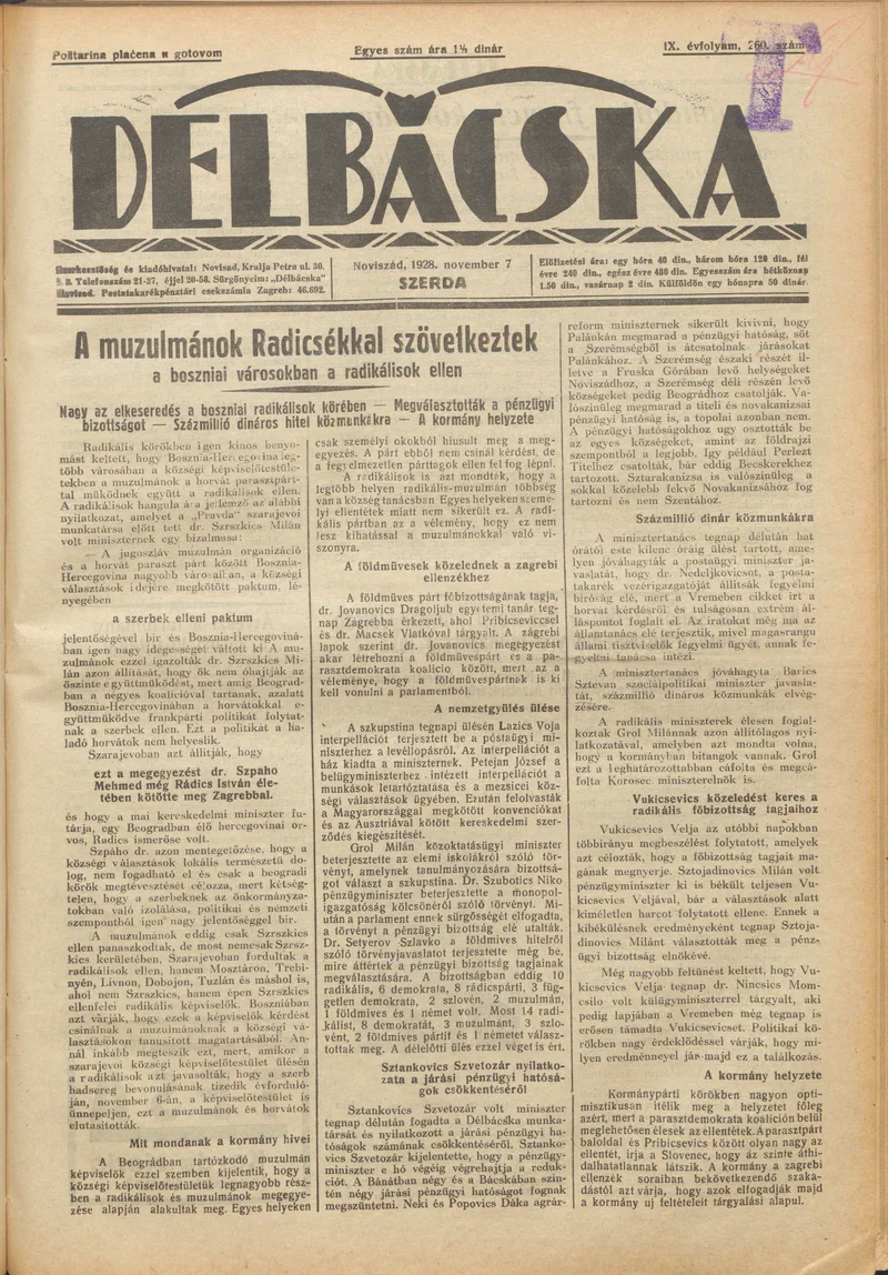Délbácska, 9. évf. 1928. november 12. 260. sz.
