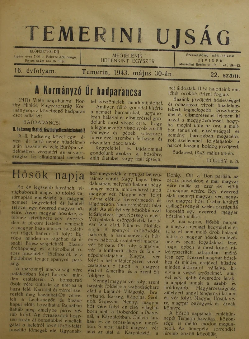 Temerini Újság 1928-1944, 16. évf. 1943. május 30. 22. sz.
