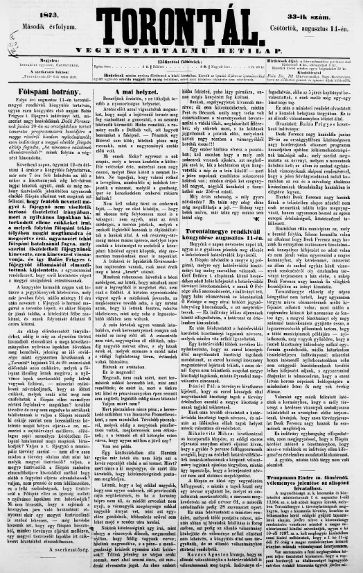 Torontál, 2. évf. 1873. augusztus 14. 33. sz.