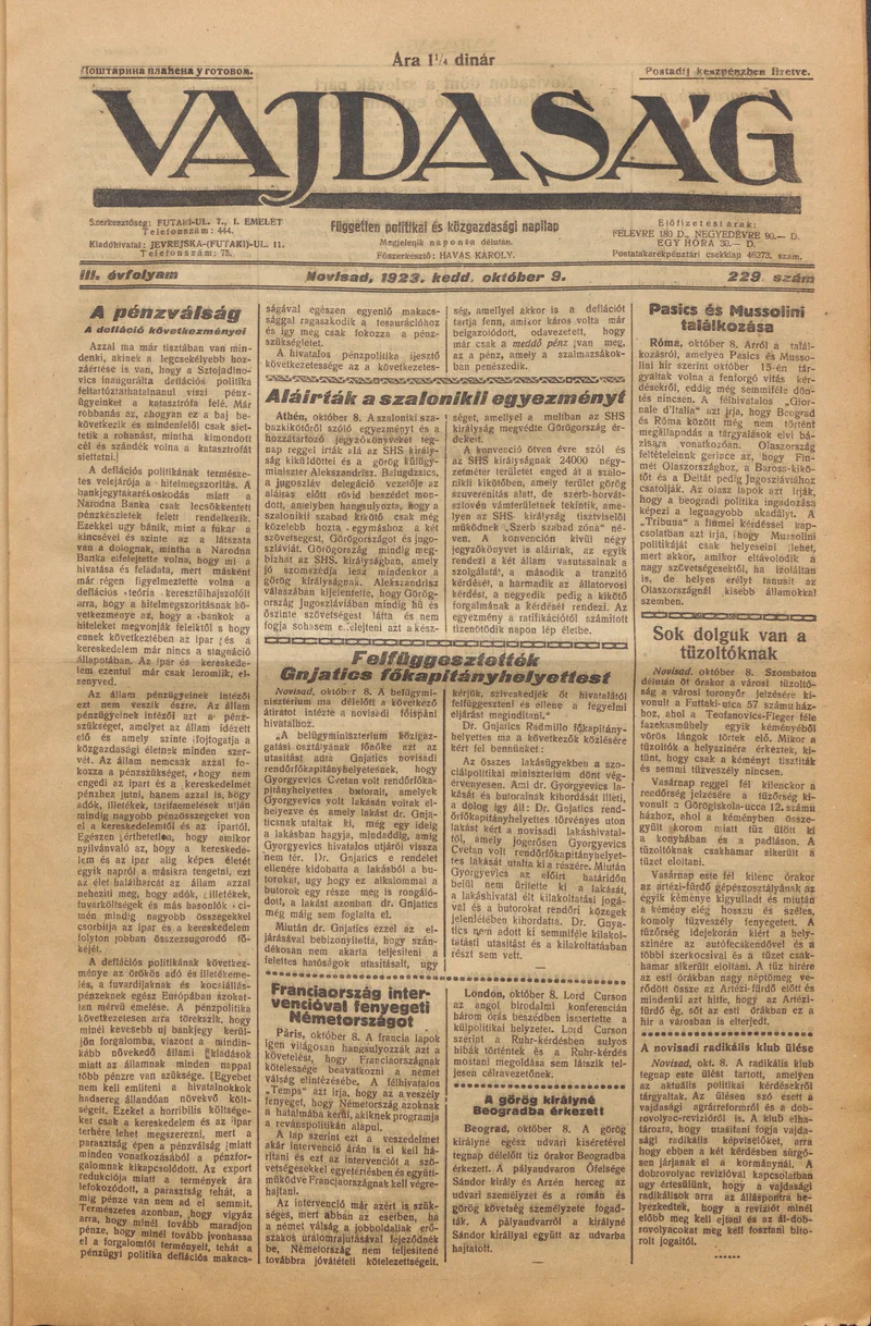 Vajdaság, 3. évf. 1923. október 9. 229. sz.