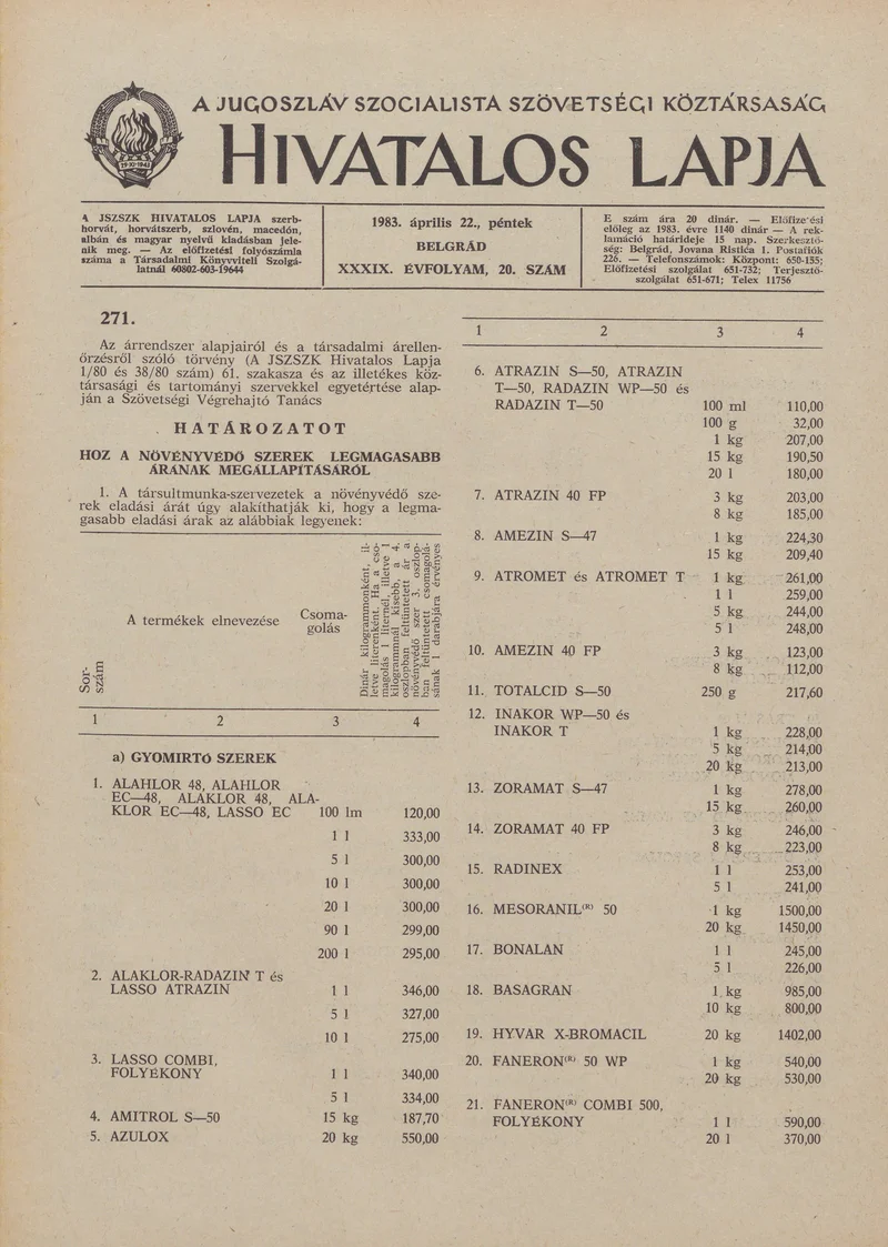 A Jugoszláv Szocialista Szövetségi Köztársaság Hivatalos Lapja, 39. évf. 1983. április 22. 20. sz. 437–468. oldal