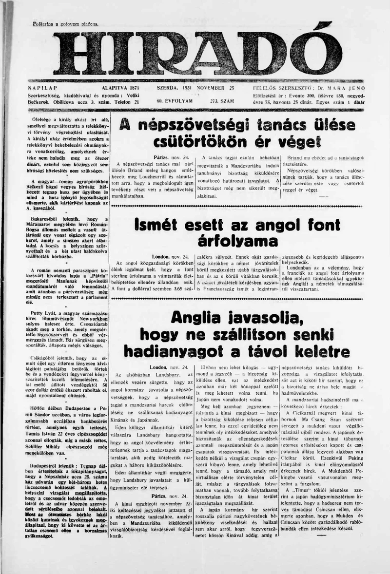 Híradó, 60. évf. 1931. november 25. 273. sz.