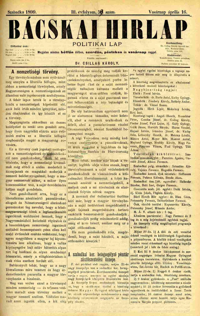 Bácskai Hirlap, 3. évf. 1899. április 16. 59. sz.