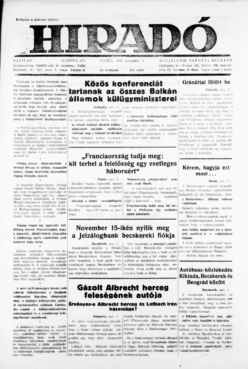 Híradó, 62. évf. 1933. november 8. 262. sz.