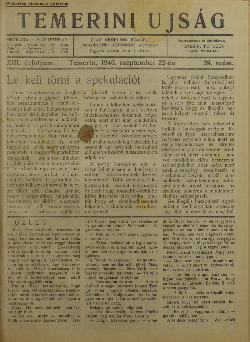 Temerini Újság 1928-1944, 13. évf. 1940. szeptember 22. 39. sz.