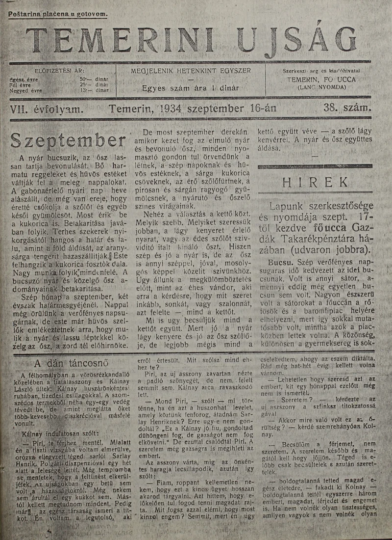 Temerini Újság 1928-1944, 7. évf. 1934. szeptember 16. 38. sz.