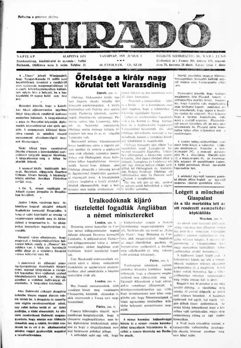 Híradó, 60. évf. 1931. június 7. 128. sz.