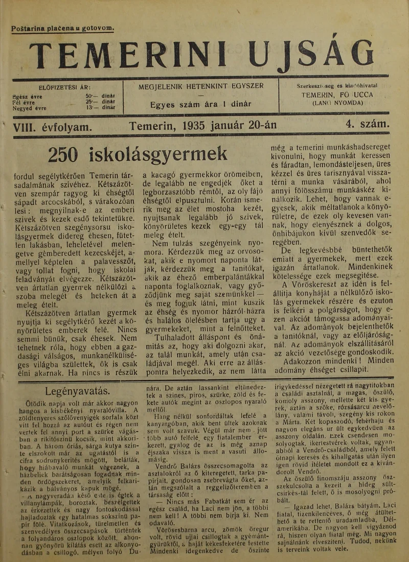 Temerini Újság 1928-1944, 8. évf. 1935. január 20. 4. sz.