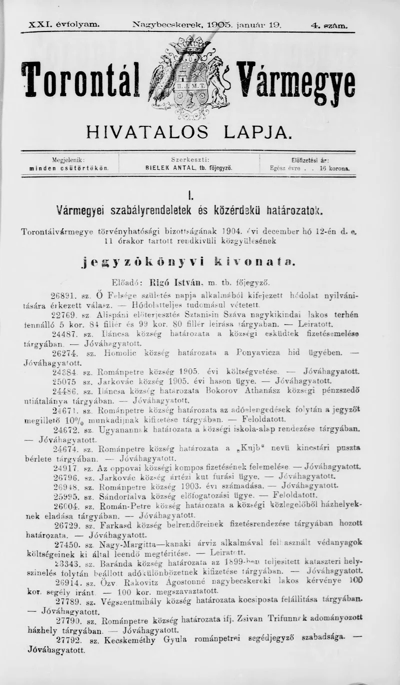 Torontál Vármegye Hivatalos Lapja, 21. évf. 1905. január 19. 4. sz.