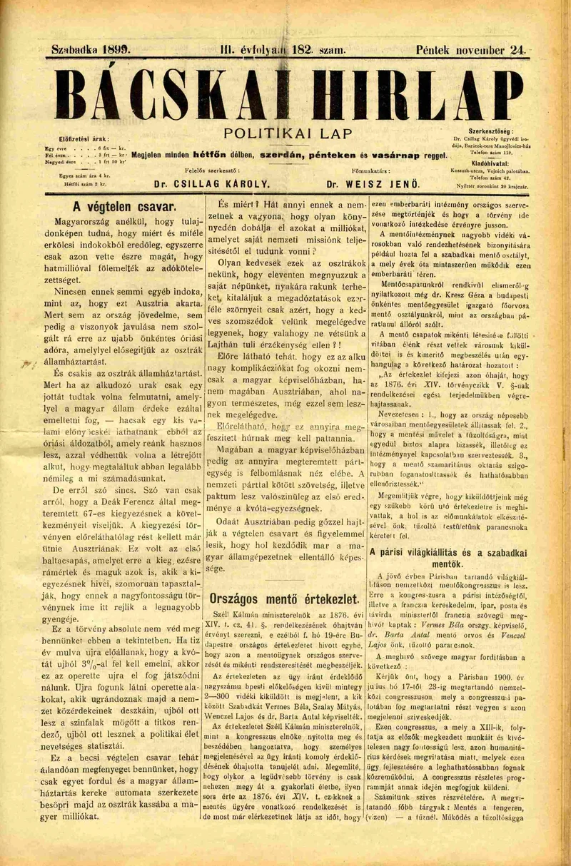 Bácskai Hirlap, 3. évf. 1899. november 24. 182. sz.