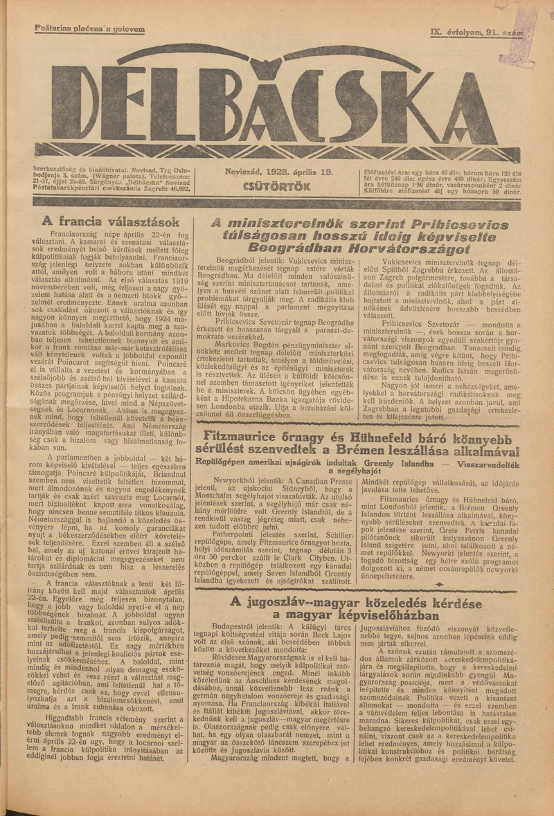 Délbácska, 9. évf. 1928. április 19. 91. sz.