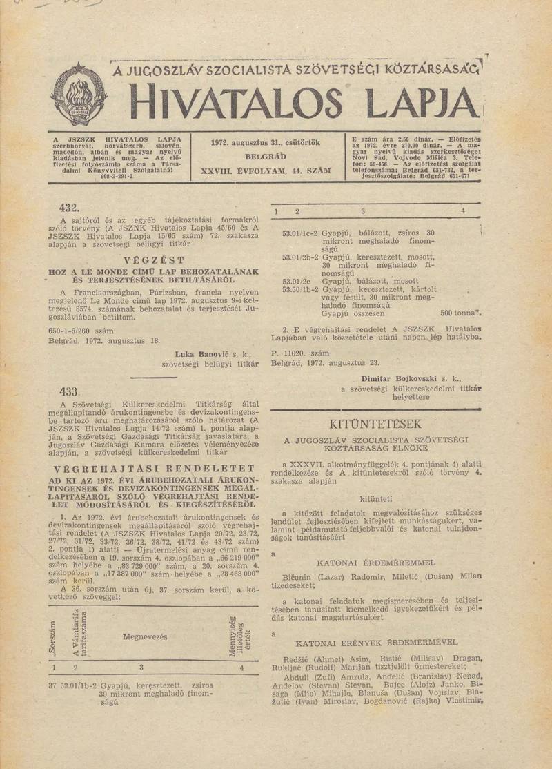 A Jugoszláv Szocialista Szövetségi Köztársaság Hivatalos Lapja, 28. évf. 1972. augusztus 31. 44. sz. 869–872. oldal