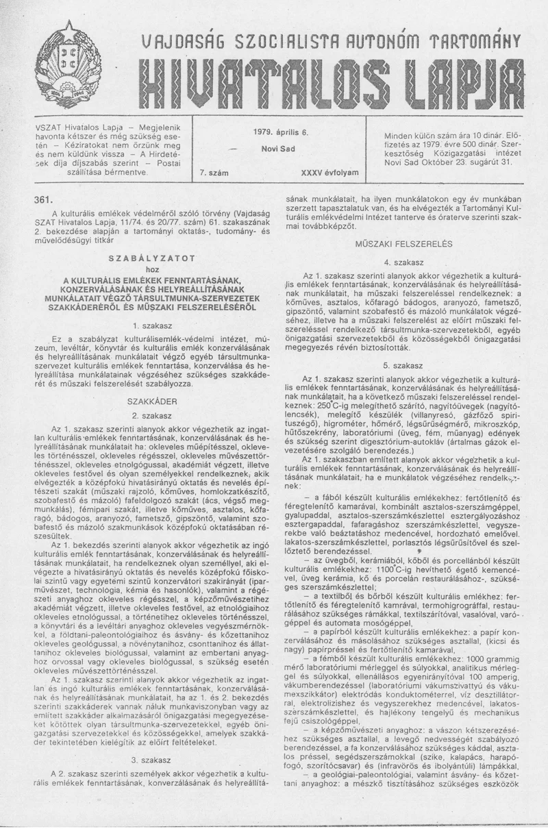 Vajdaság Szocialista Autonóm Tartomány Hivatalos Lapja, 35. évf. 1979. április 6. 7. sz. 433–436. oldal