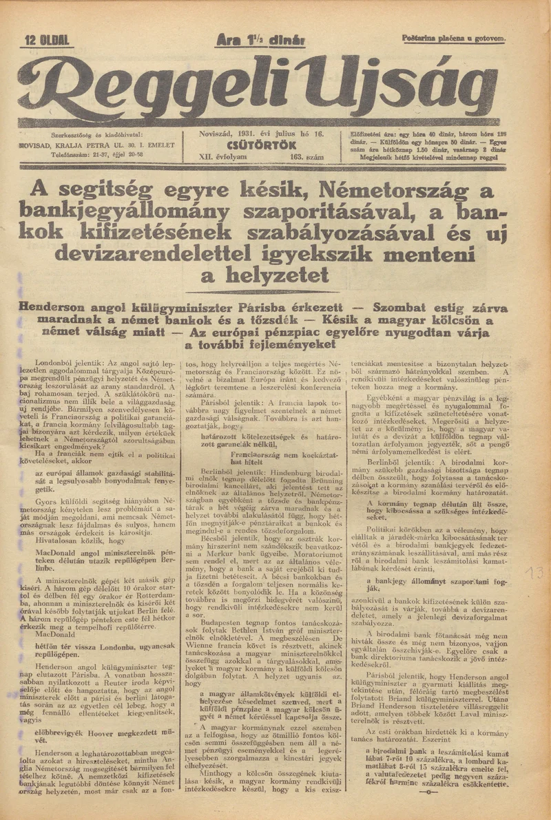 Reggeli Újság, 12. évf. 1931. július 16. 163. sz.