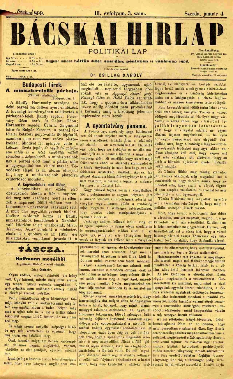 Bácskai Hirlap, 3. évf. 1899. január 4. 3. sz. 1–4. oldal