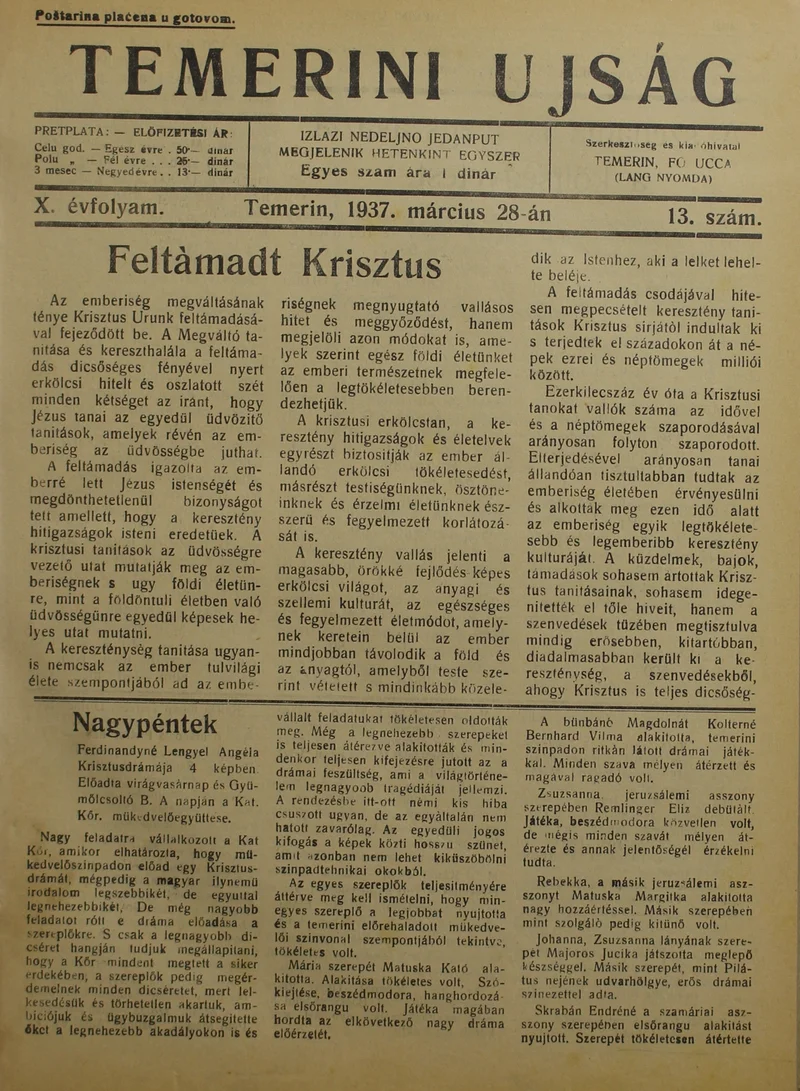Temerini Újság 1928-1944, 10. évf. 1937. március 28. 13. sz.