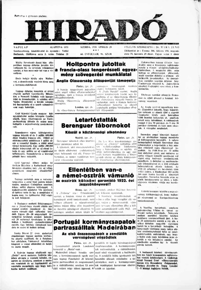 Híradó, 60. évf. 1931. április 29. 98. sz.