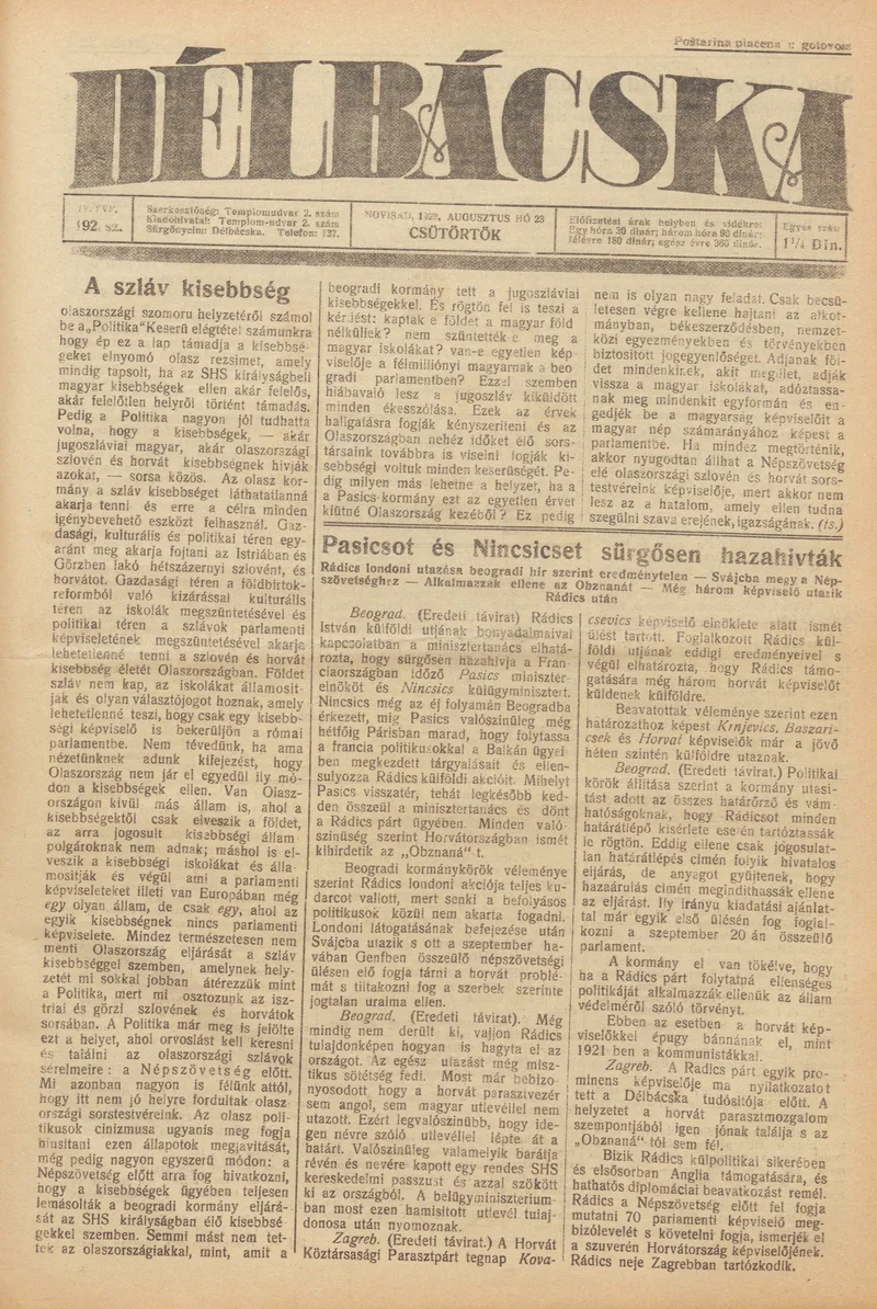 Délbácska, 4. évf. 1923. augusztus 23. 192. sz.